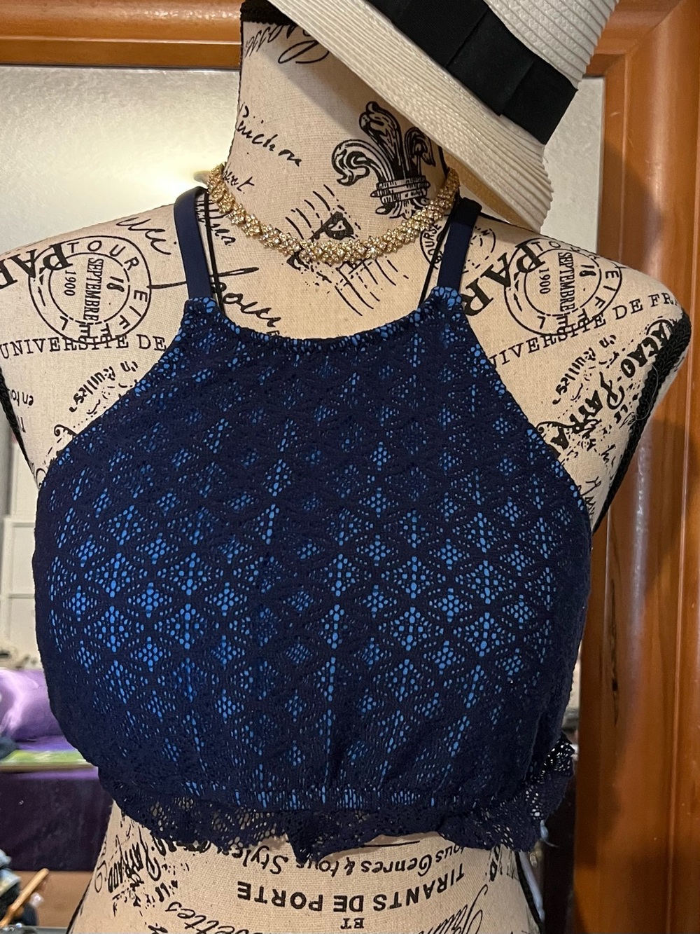 Navy Blue Lace Halter Crop Top